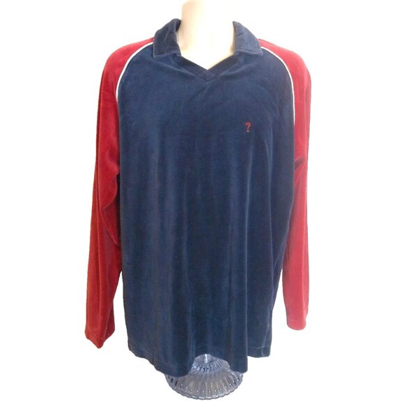 Vintage Guess USA Navy and/ Red Velour Pullover Men's Large V Neck Shirt - Picture 1 of 8